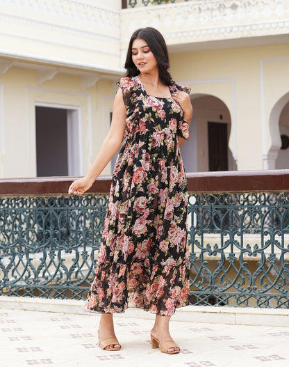 Yash Gallery Women's Chiffon Floral Printed Maxi Length Square Neck Sleeveless Summer Dress