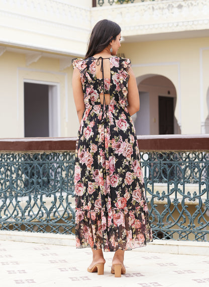 Yash Gallery Women's Chiffon Floral Printed Maxi Length Square Neck Sleeveless Summer Dress