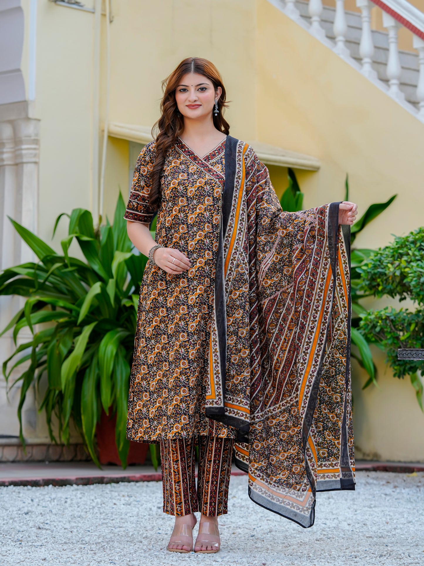 YASH GALLERY Women Cambric Cotton Floral Print Angrakha Style Kurta Pant Dupatta Set with Gotta Patti Work