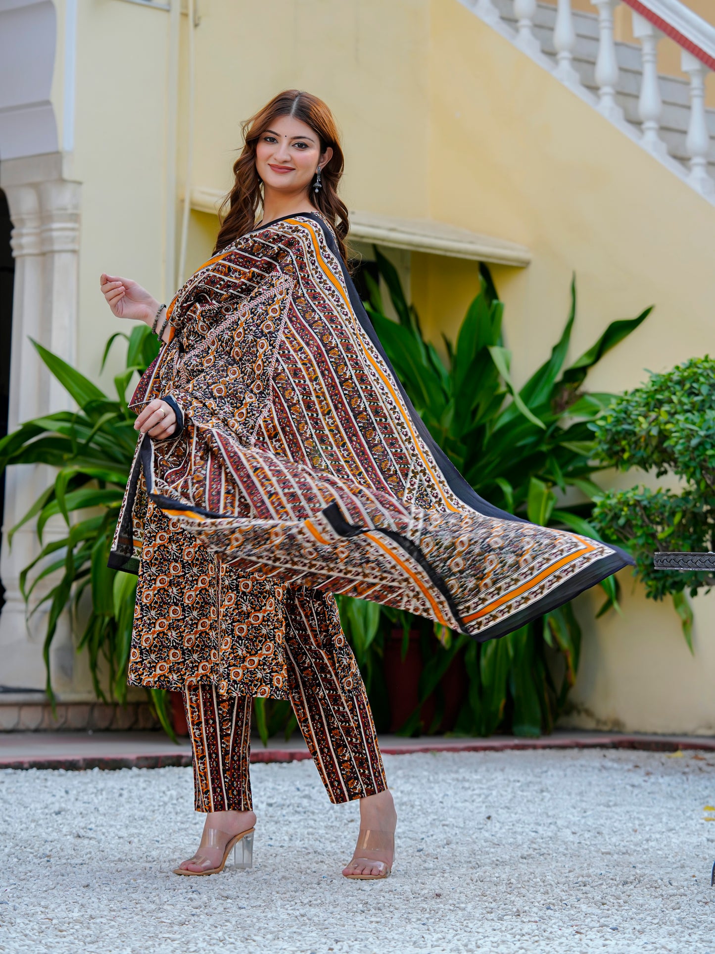 YASH GALLERY Women Cambric Cotton Floral Print Angrakha Style Kurta Pant Dupatta Set with Gotta Patti Work