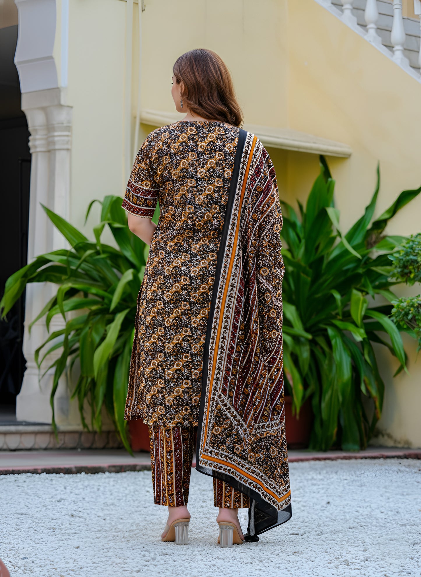 YASH GALLERY Women Cambric Cotton Floral Print Angrakha Style Kurta Pant Dupatta Set with Gotta Patti Work