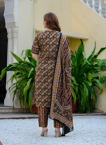 YASH GALLERY Women Cambric Cotton Floral Print Angrakha Style Kurta Pant Dupatta Set with Gotta Patti Work