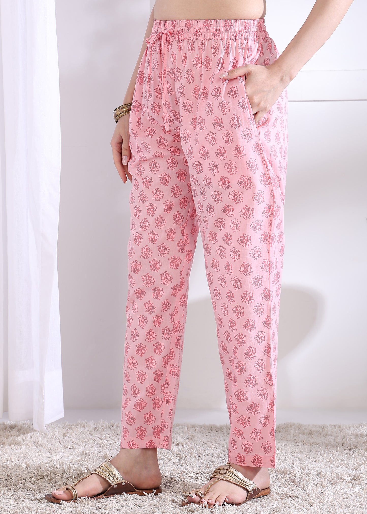 Yash Gallery Women’s Cambric Cotton Printed Straight Kurta with Pants & Dupatta Set (Pink)