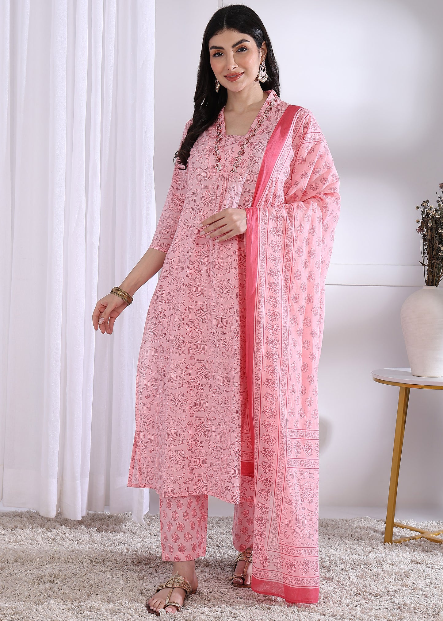 Yash Gallery Women’s Cambric Cotton Printed Straight Kurta with Pants & Dupatta Set (Pink)