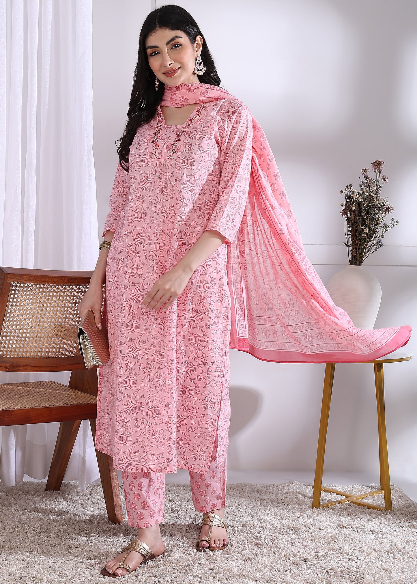 Yash Gallery Women’s Cambric Cotton Printed Straight Kurta with Pants & Dupatta Set (Pink)