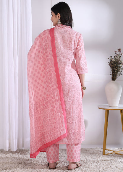 Yash Gallery Women’s Cambric Cotton Printed Straight Kurta with Pants & Dupatta Set (Pink)