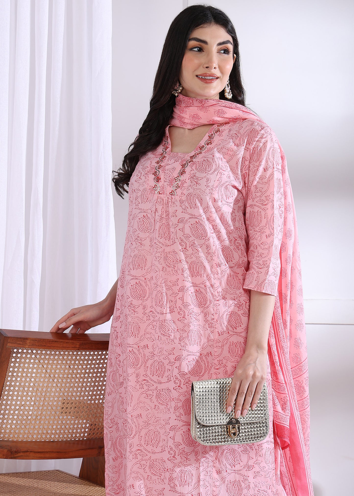 Yash Gallery Women’s Cambric Cotton Printed Straight Kurta with Pants & Dupatta Set (Pink)