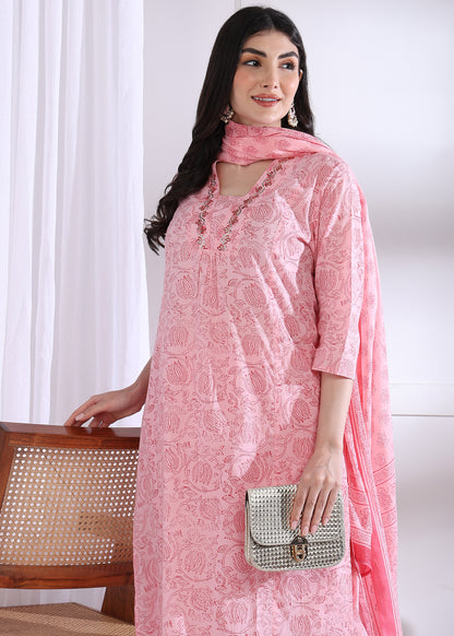 Yash Gallery Women’s Cambric Cotton Printed Straight Kurta with Pants & Dupatta Set (Pink)