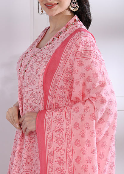 Yash Gallery Women’s Cambric Cotton Printed Straight Kurta with Pants & Dupatta Set (Pink)