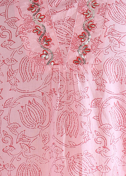 Yash Gallery Women’s Cambric Cotton Printed Straight Kurta with Pants & Dupatta Set (Pink)