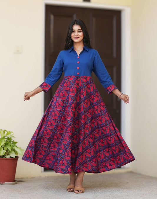 Yash Gallery Women’s Cambric Cotton Printed Flared Maxi Dress with Collar Neck & 3/4 Sleeves (Red & Blue)