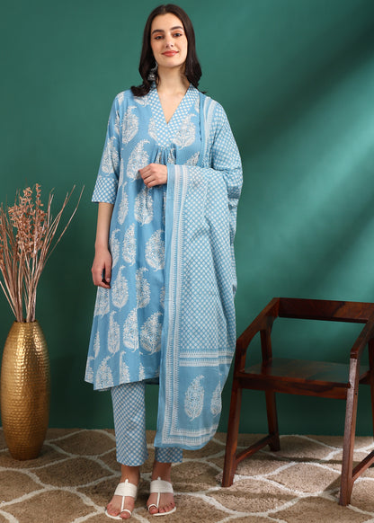 Yash Gallery Women's Cotton Print Calf Length V- Neck 3/4TH Sleeve A-Line Kurta Paired With Elastic Bottom And Duptta