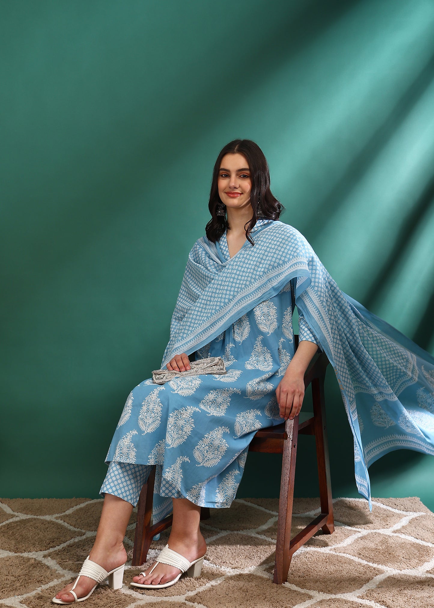 Yash Gallery Women's Cotton Print Calf Length V- Neck 3/4TH Sleeve A-Line Kurta Paired With Elastic Bottom And Duptta