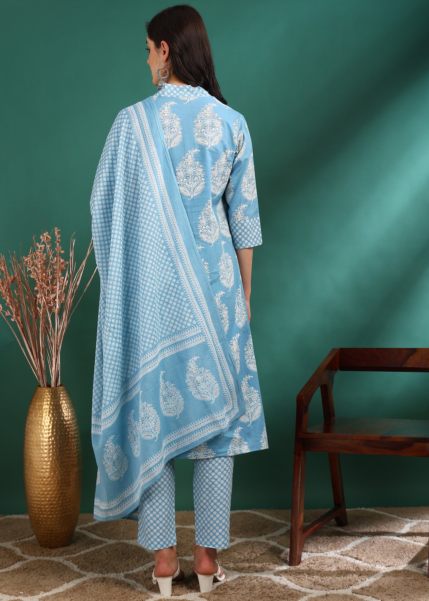 Yash Gallery Women's Cotton Print Calf Length V- Neck 3/4TH Sleeve A-Line Kurta Paired With Elastic Bottom And Duptta
