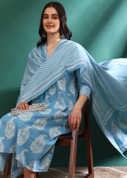 Yash Gallery Women's Cotton Print Calf Length V- Neck 3/4TH Sleeve A-Line Kurta Paired With Elastic Bottom And Duptta