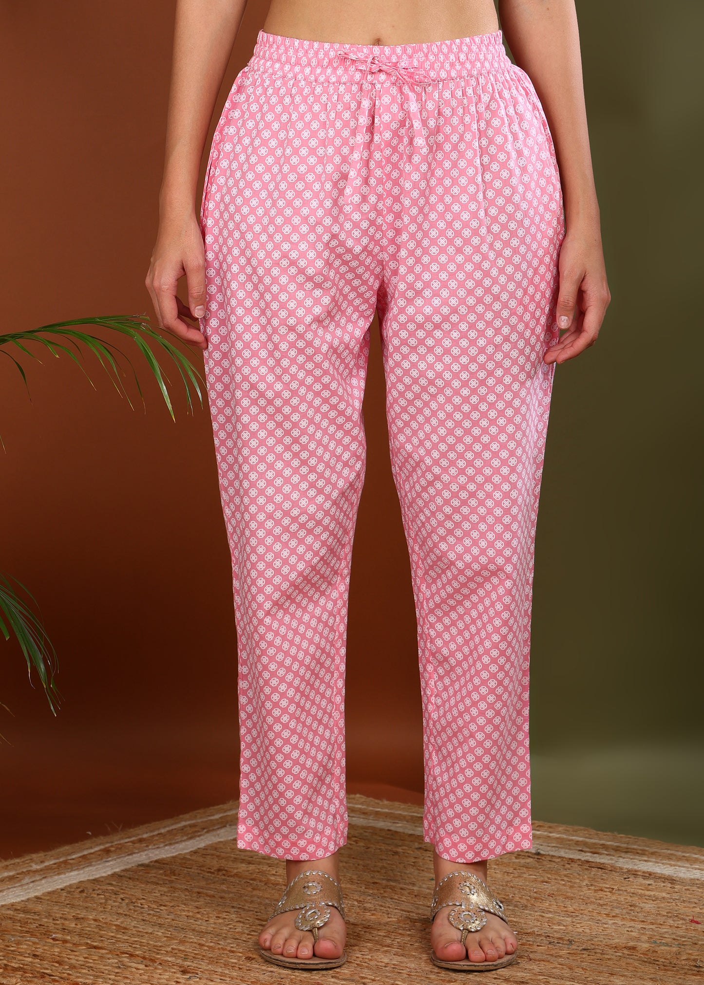 Yash Gallery Women's Cotton Print Calf Length V- Neck 3/4TH Sleeve A-Line Kurta Paired With Elastic Bottom And Duptta