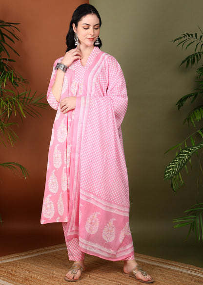 Yash Gallery Women's Cotton Print Calf Length V- Neck 3/4TH Sleeve A-Line Kurta Paired With Elastic Bottom And Duptta