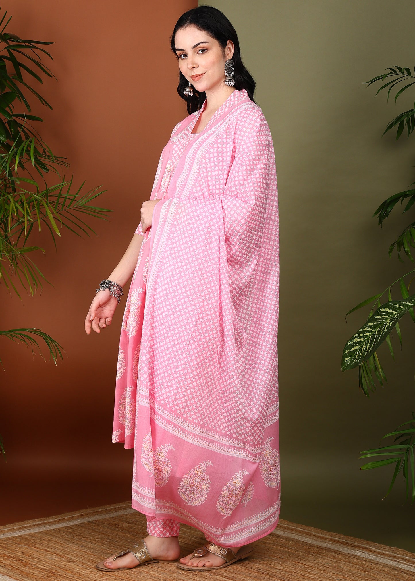 Yash Gallery Women's Cotton Print Calf Length V- Neck 3/4TH Sleeve A-Line Kurta Paired With Elastic Bottom And Duptta