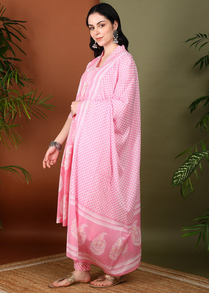 Yash Gallery Women's Cotton Print Calf Length V- Neck 3/4TH Sleeve A-Line Kurta Paired With Elastic Bottom And Duptta