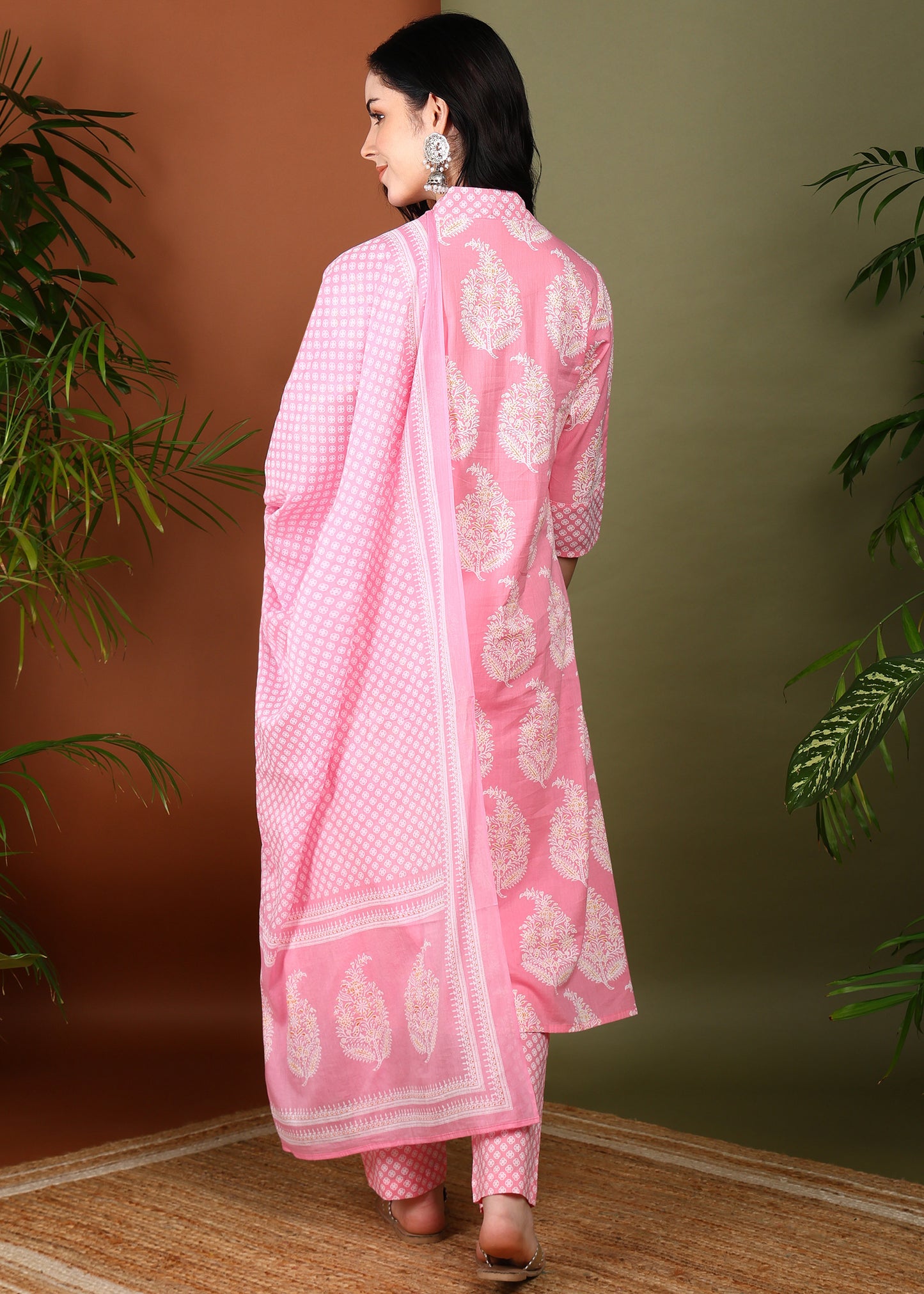 Yash Gallery Women's Cotton Print Calf Length V- Neck 3/4TH Sleeve A-Line Kurta Paired With Elastic Bottom And Duptta