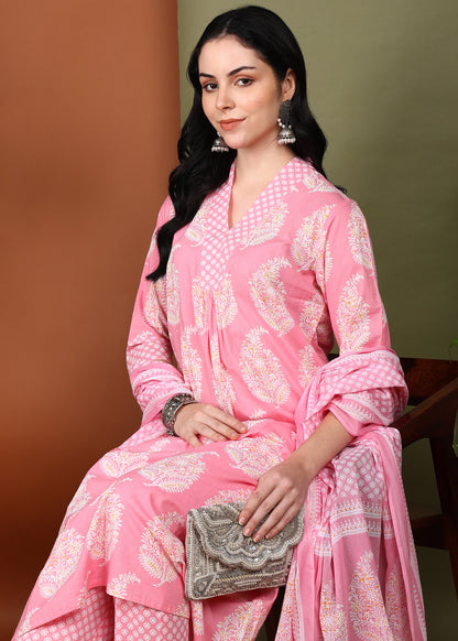 Yash Gallery Women's Cotton Print Calf Length V- Neck 3/4TH Sleeve A-Line Kurta Paired With Elastic Bottom And Duptta