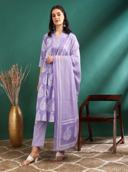Yash Gallery Women's Cotton Print Calf Length V- Neck 3/4TH Sleeve A-Line Kurta Paired With Elastic Bottom And Duptta