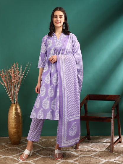 Yash Gallery Women's Cotton Print Calf Length V- Neck 3/4TH Sleeve A-Line Kurta Paired With Elastic Bottom And Duptta