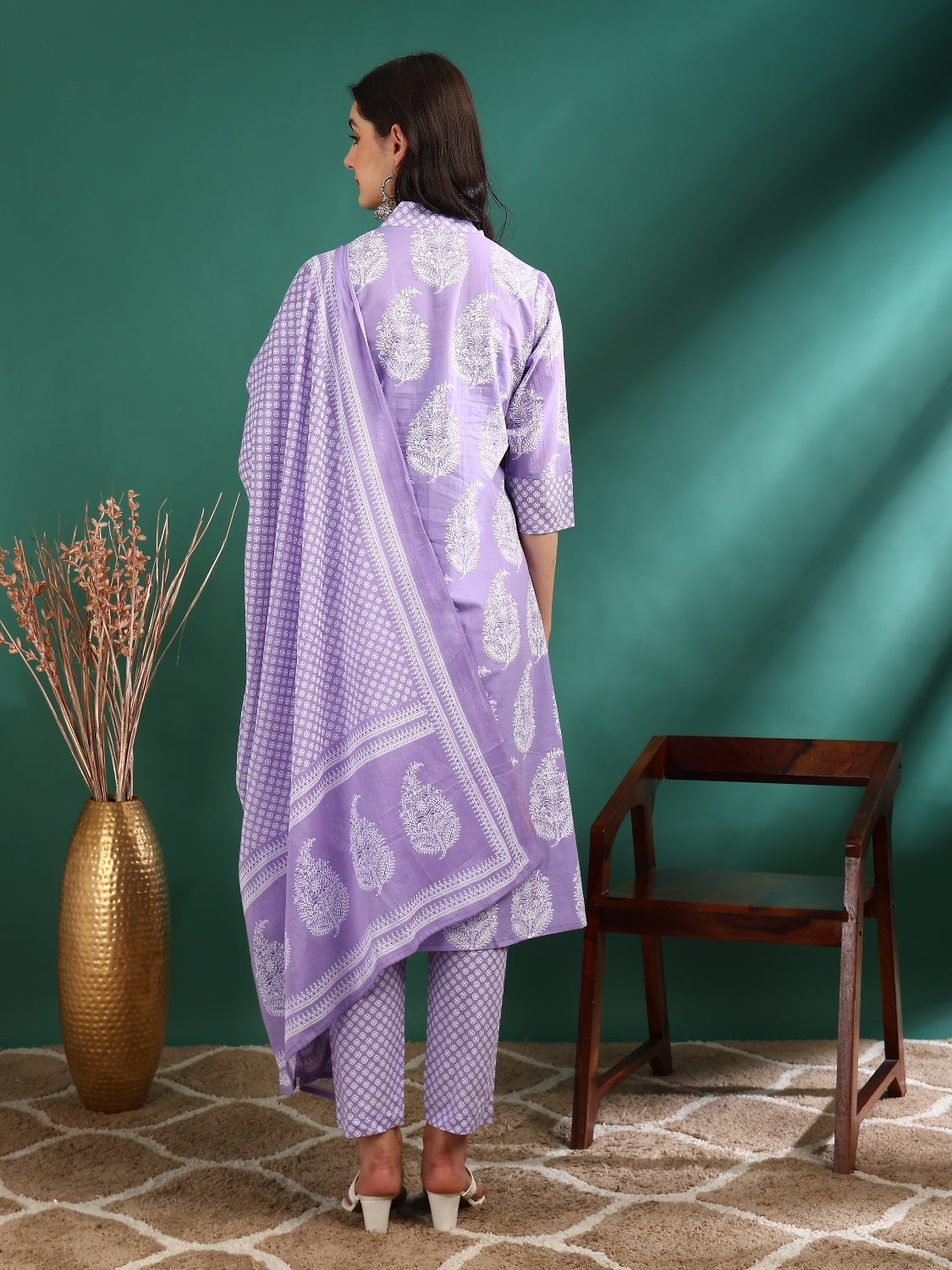 Yash Gallery Women's Cotton Print Calf Length V- Neck 3/4TH Sleeve A-Line Kurta Paired With Elastic Bottom And Duptta