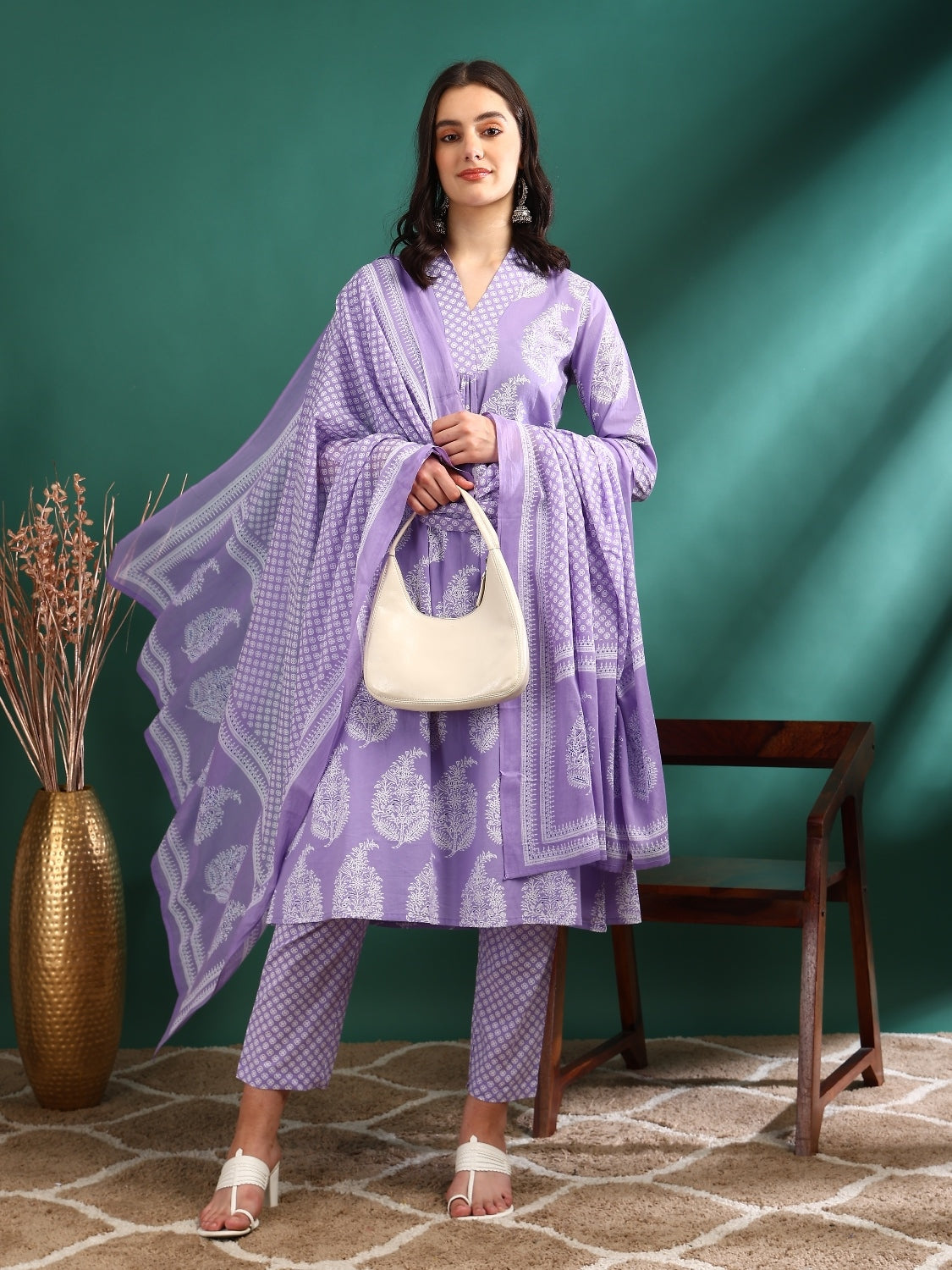 Yash Gallery Women's Cotton Print Calf Length V- Neck 3/4TH Sleeve A-Line Kurta Paired With Elastic Bottom And Duptta