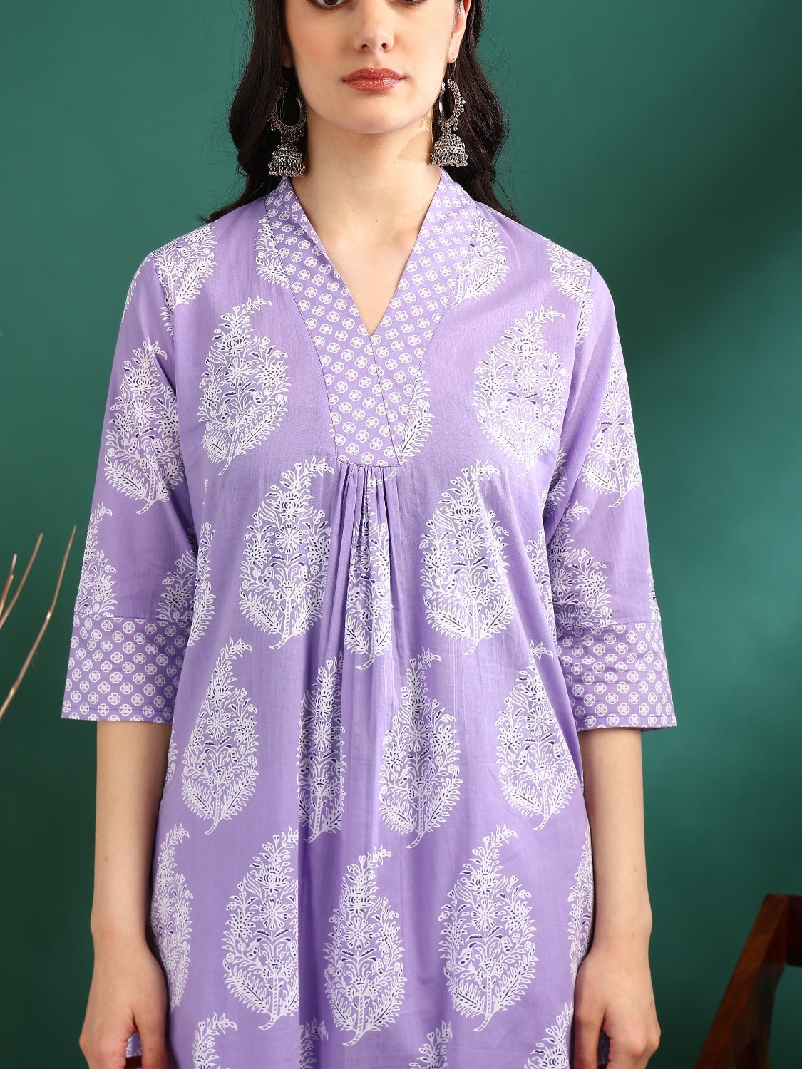 Yash Gallery Women's Cotton Print Calf Length V- Neck 3/4TH Sleeve A-Line Kurta Paired With Elastic Bottom And Duptta