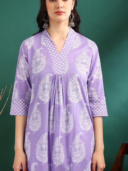 Yash Gallery Women's Cotton Print Calf Length V- Neck 3/4TH Sleeve A-Line Kurta Paired With Elastic Bottom And Duptta
