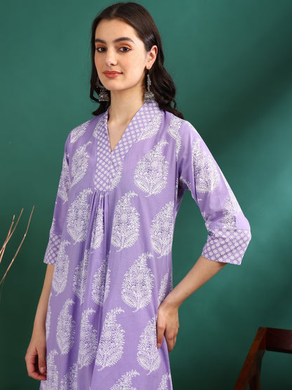 Yash Gallery Women's Cotton Print Calf Length V- Neck 3/4TH Sleeve A-Line Kurta Paired With Elastic Bottom And Duptta