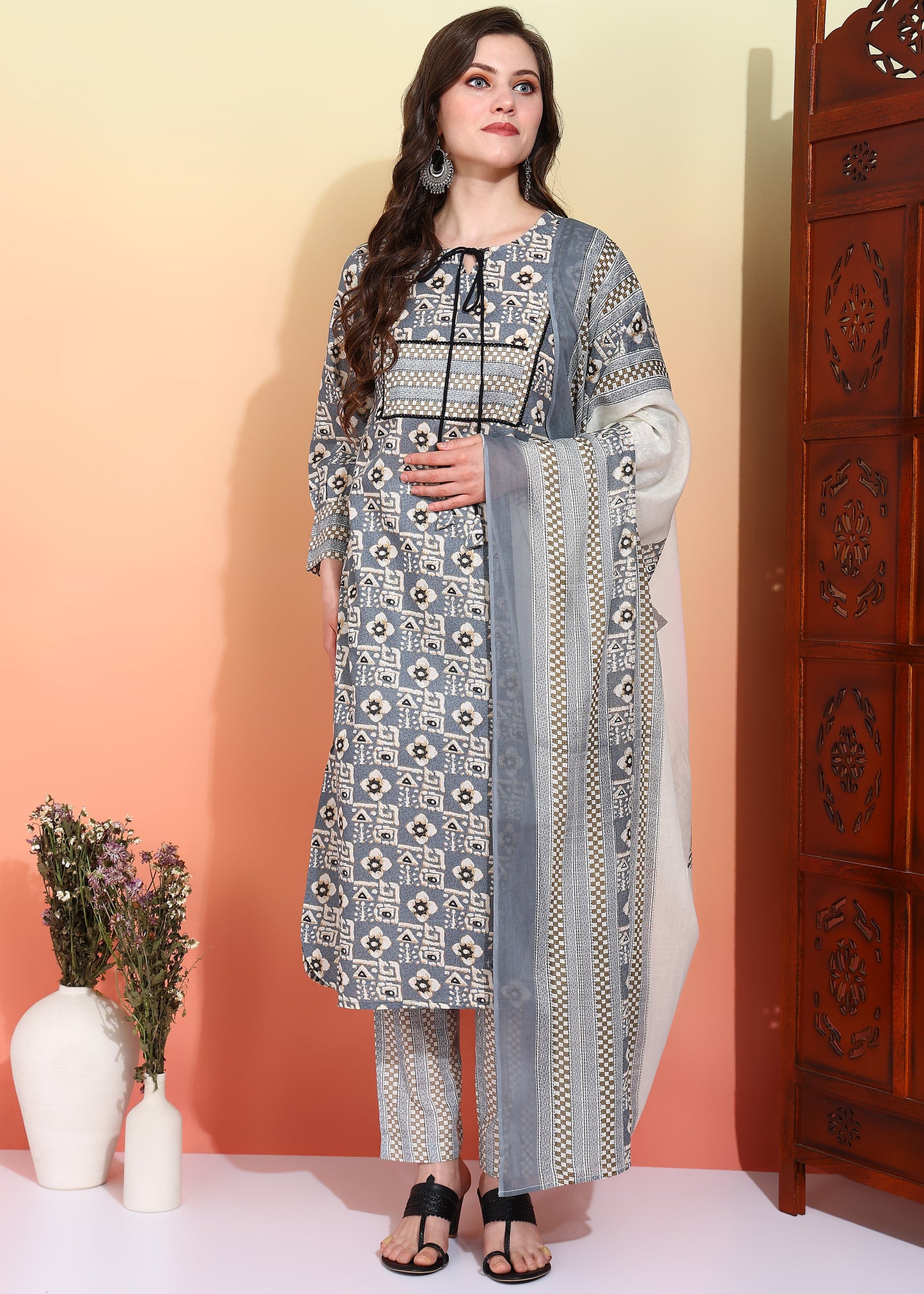 Yash Gallery Women's Cotton Geometrical Print Calf Length Notch Neck 3/4 Sleeves Straight Kurta With Pant And Duptta