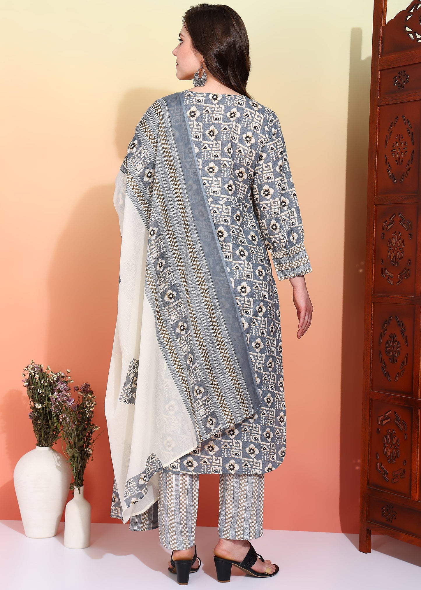 Yash Gallery Women's Cotton Geometrical Print Calf Length Notch Neck 3/4 Sleeves Straight Kurta With Pant And Duptta