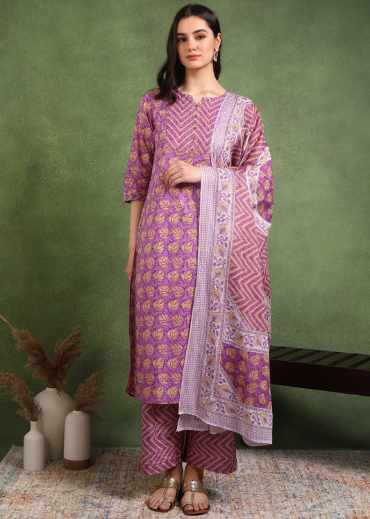Yash Gallery Women's Cotton Calf Length 3/4th Sleeve Floral Printed Gotta patti Straight Kurta with Printed Pant & Dupatta