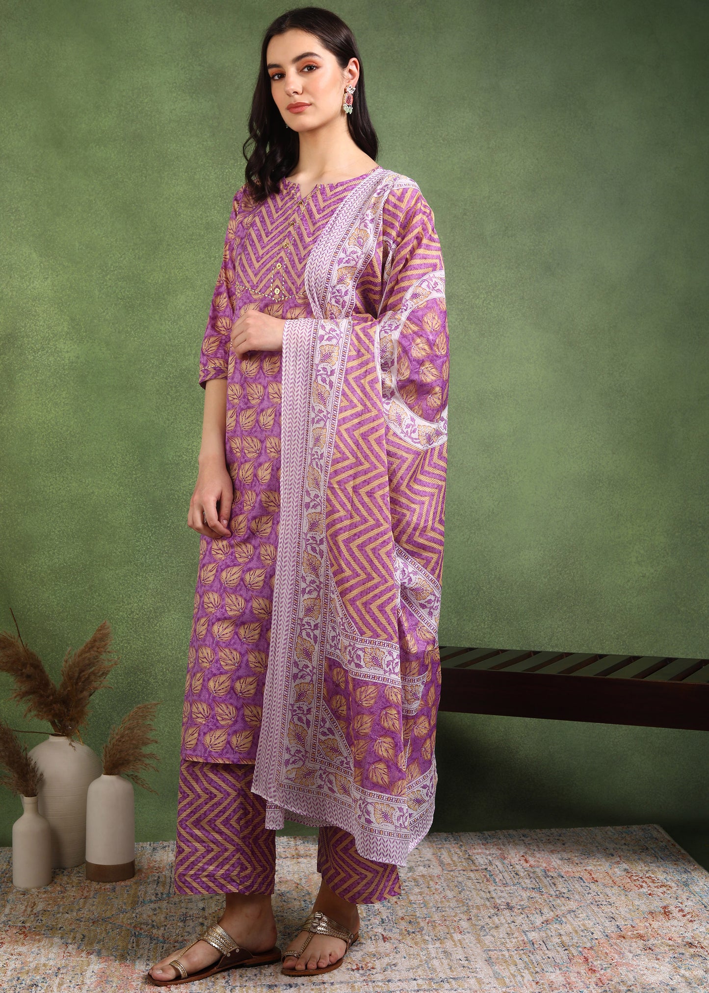 Yash Gallery Women's Cotton Calf Length 3/4th Sleeve Floral Printed Gotta patti Straight Kurta with Printed Pant & Dupatta