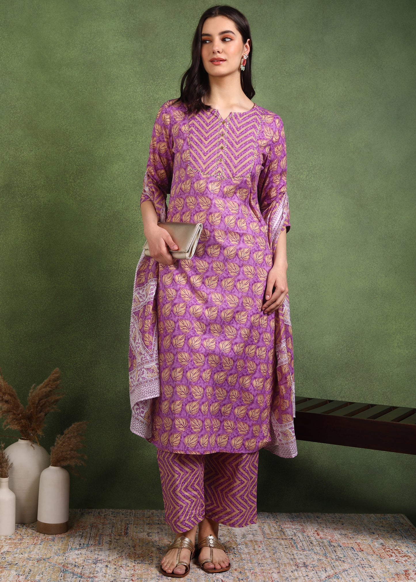 Yash Gallery Women's Cotton Calf Length 3/4th Sleeve Floral Printed Gotta patti Straight Kurta with Printed Pant & Dupatta