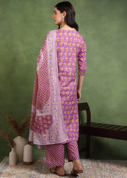 Yash Gallery Women's Cotton Calf Length 3/4th Sleeve Floral Printed Gotta patti Straight Kurta with Printed Pant & Dupatta