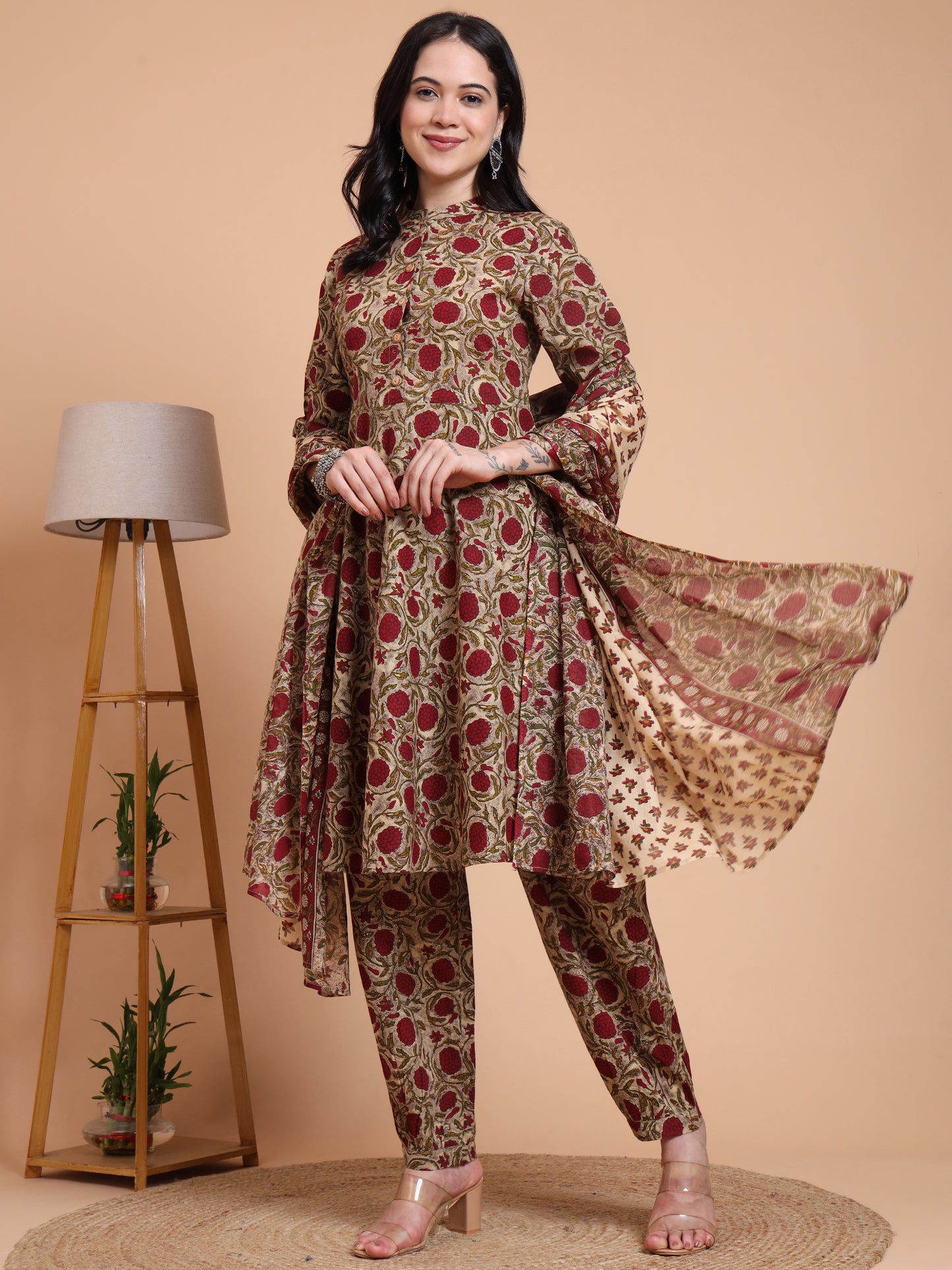 Yash Gallery Women's Cotton Floral Print Calf Length Mandarin Collar Half Sleeves Anarkali With Pant And Duptta (Green)