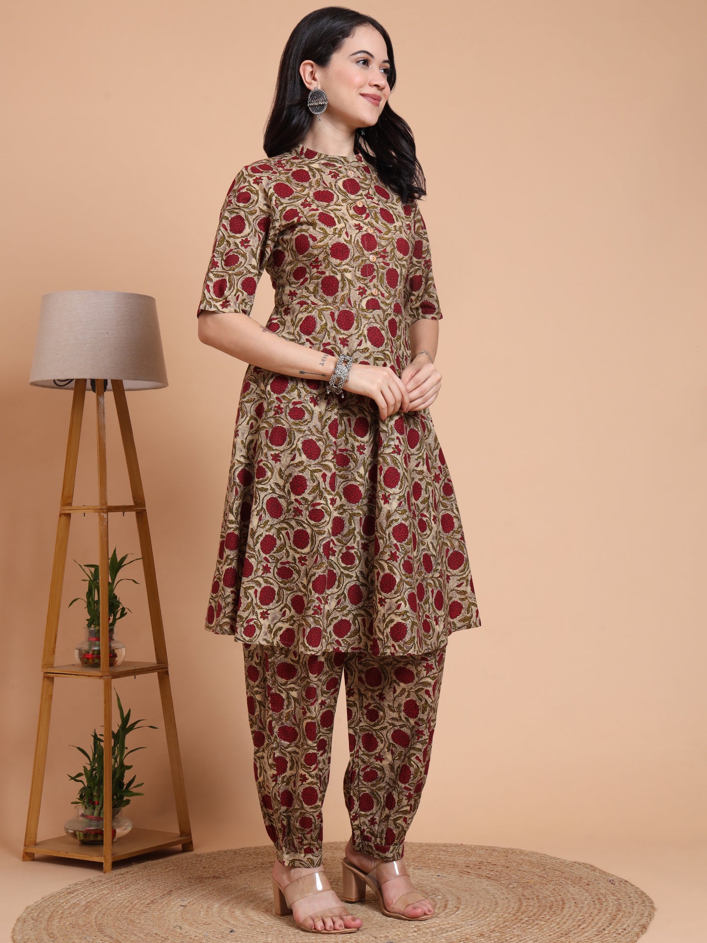 Yash Gallery Women's Cotton Floral Print Calf Length Mandarin Collar Half Sleeves Anarkali With Pant And Duptta (Green)