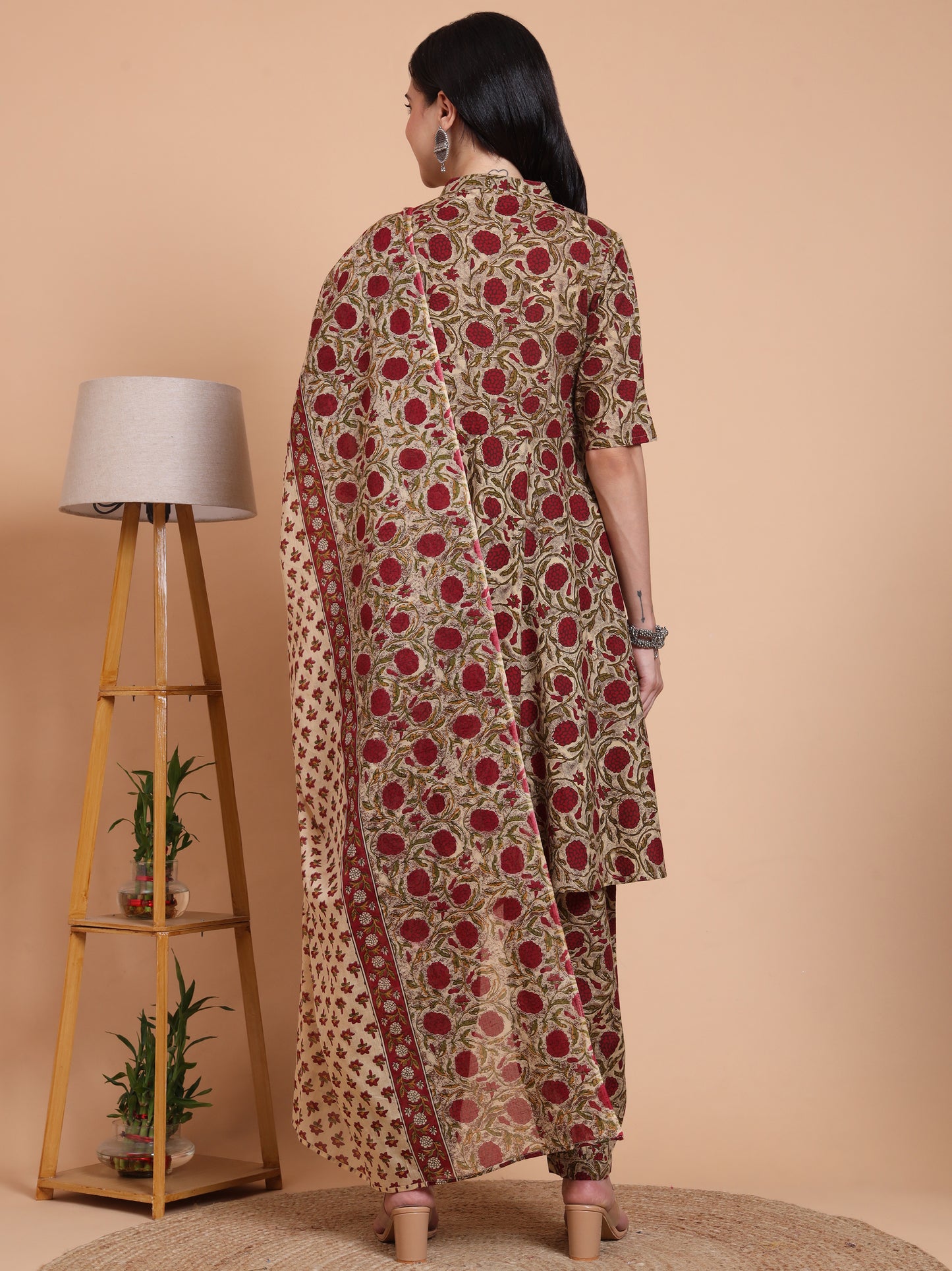 Yash Gallery Women's Cotton Floral Print Calf Length Mandarin Collar Half Sleeves Anarkali With Pant And Duptta (Green)