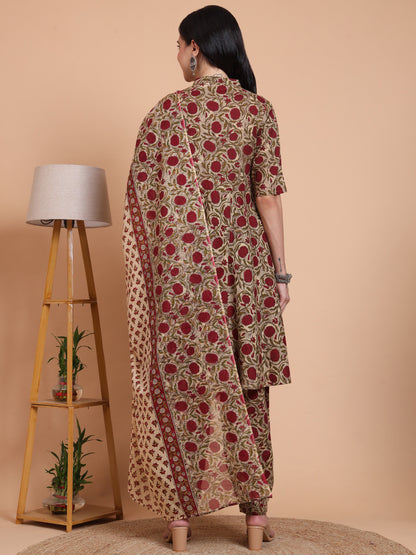 Yash Gallery Women's Cotton Floral Print Calf Length Mandarin Collar Half Sleeves Anarkali With Pant And Duptta (Green)