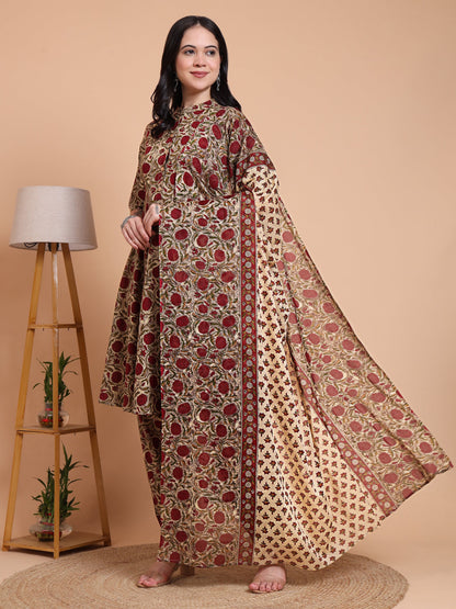 Cotton Floral Print Calf Length Mandarin Collar Half Sleeves Anarkali With Pant And Duptta (Mehroon)