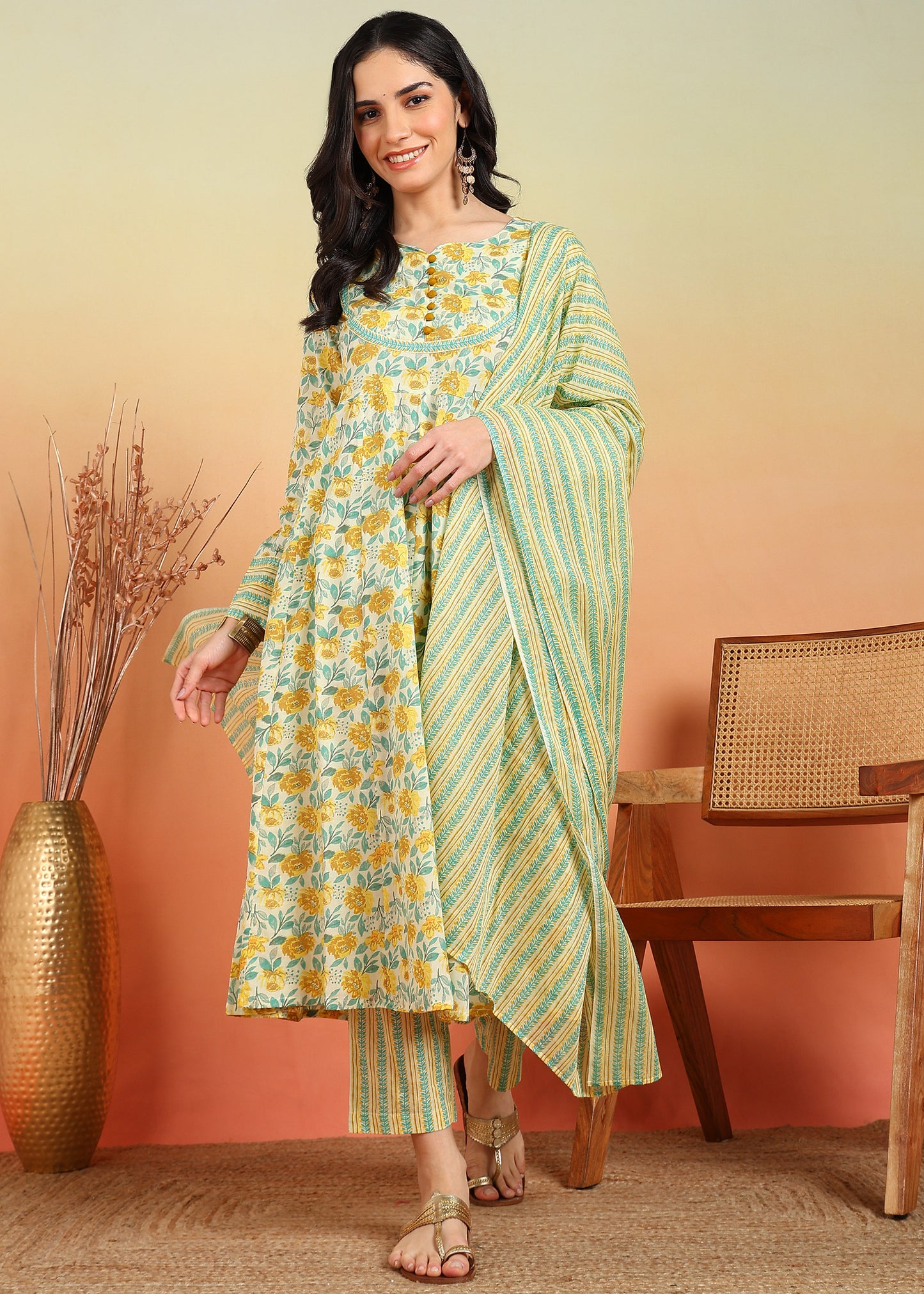 yash gallery womens cotton ankle length notch neck full sleeves floral print anarkali with pant and dupatta