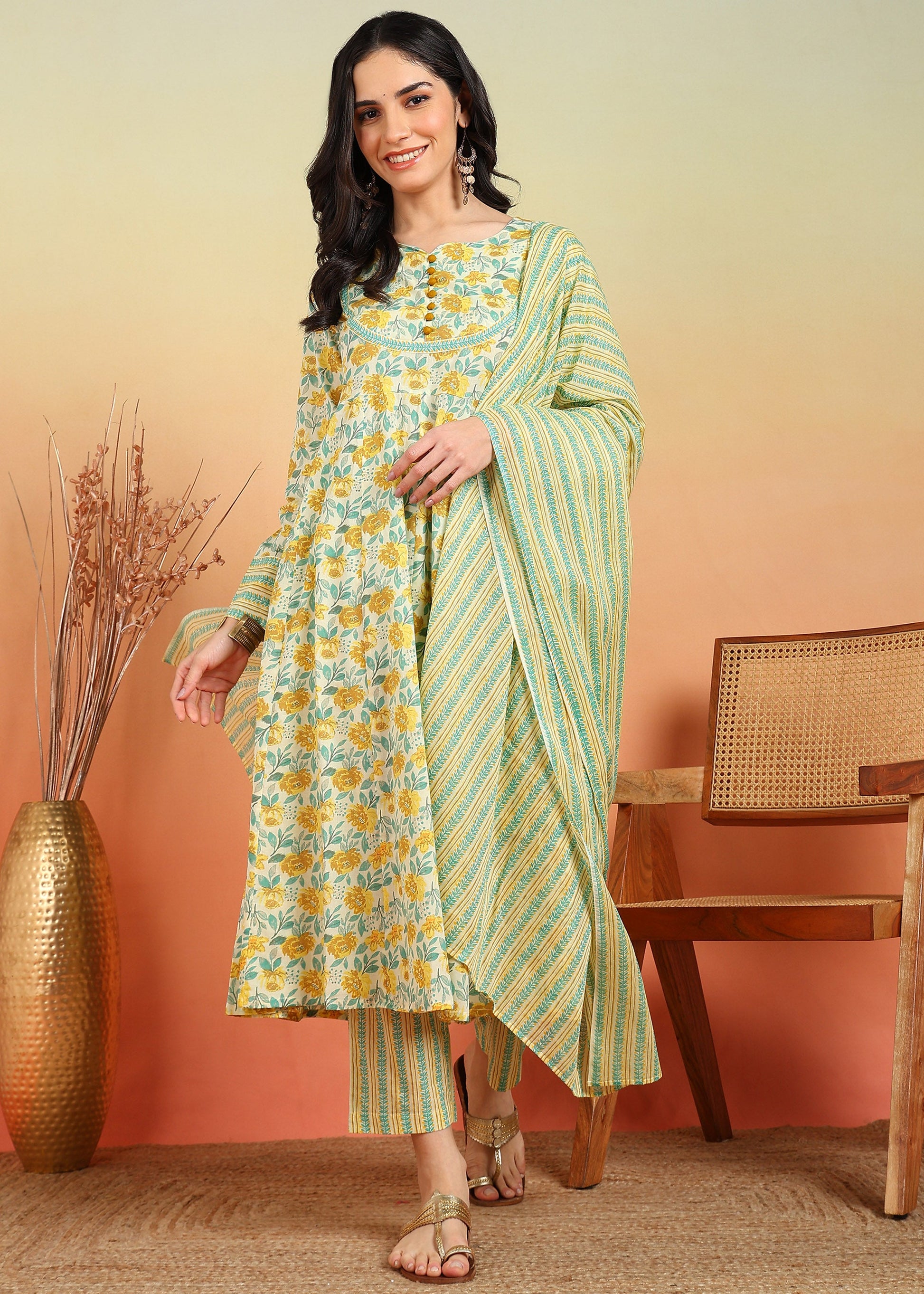 yash gallery womens cotton ankle length notch neck full sleeves floral print anarkali with pant and dupatta