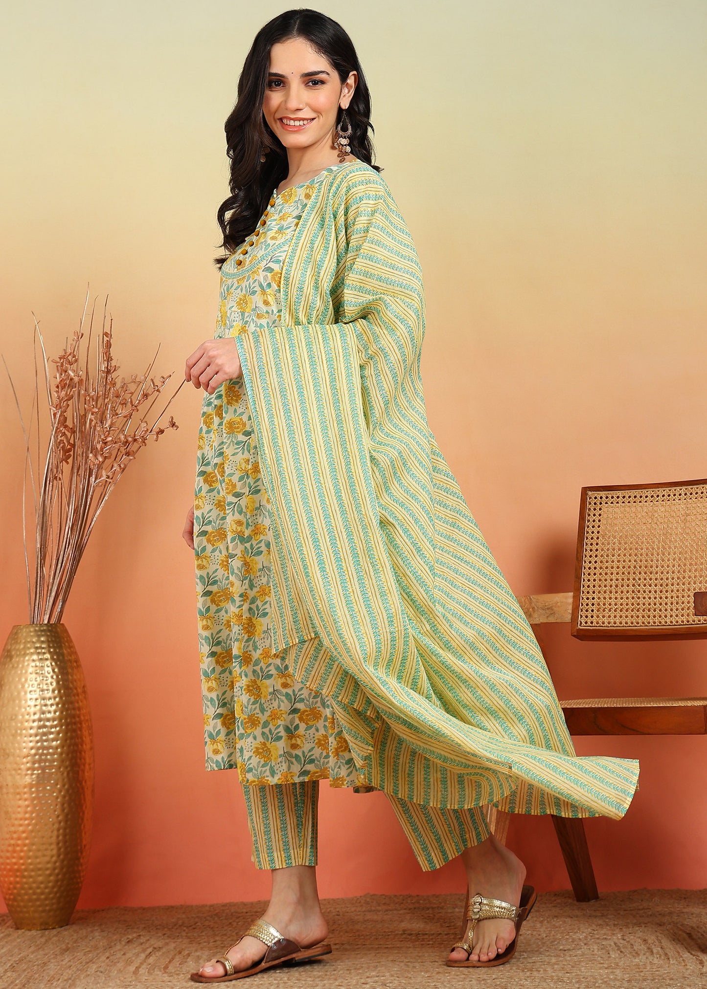 yash gallery womens cotton ankle length notch neck full sleeves floral print anarkali with pant and dupatta