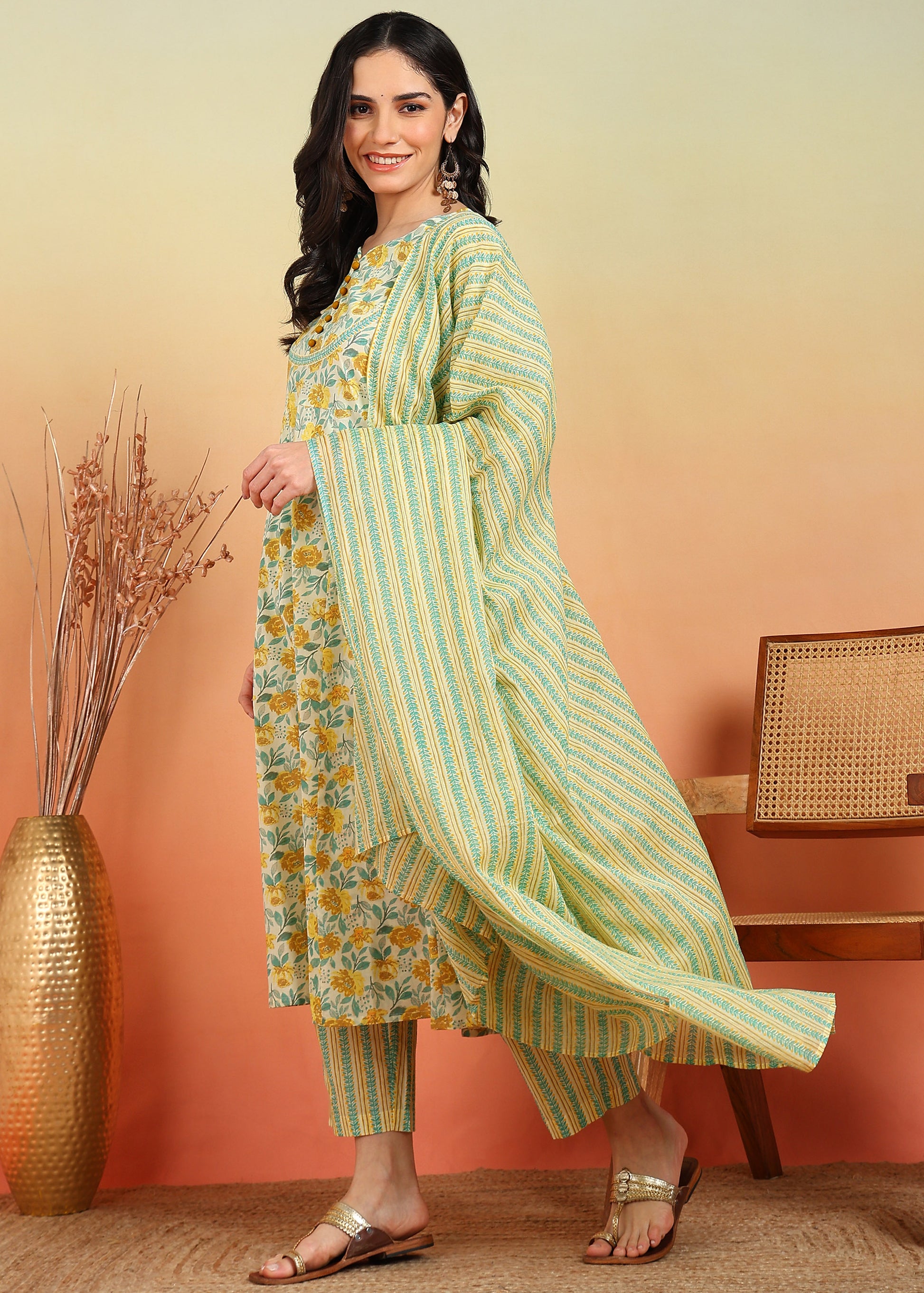 yash gallery womens cotton ankle length notch neck full sleeves floral print anarkali with pant and dupatta