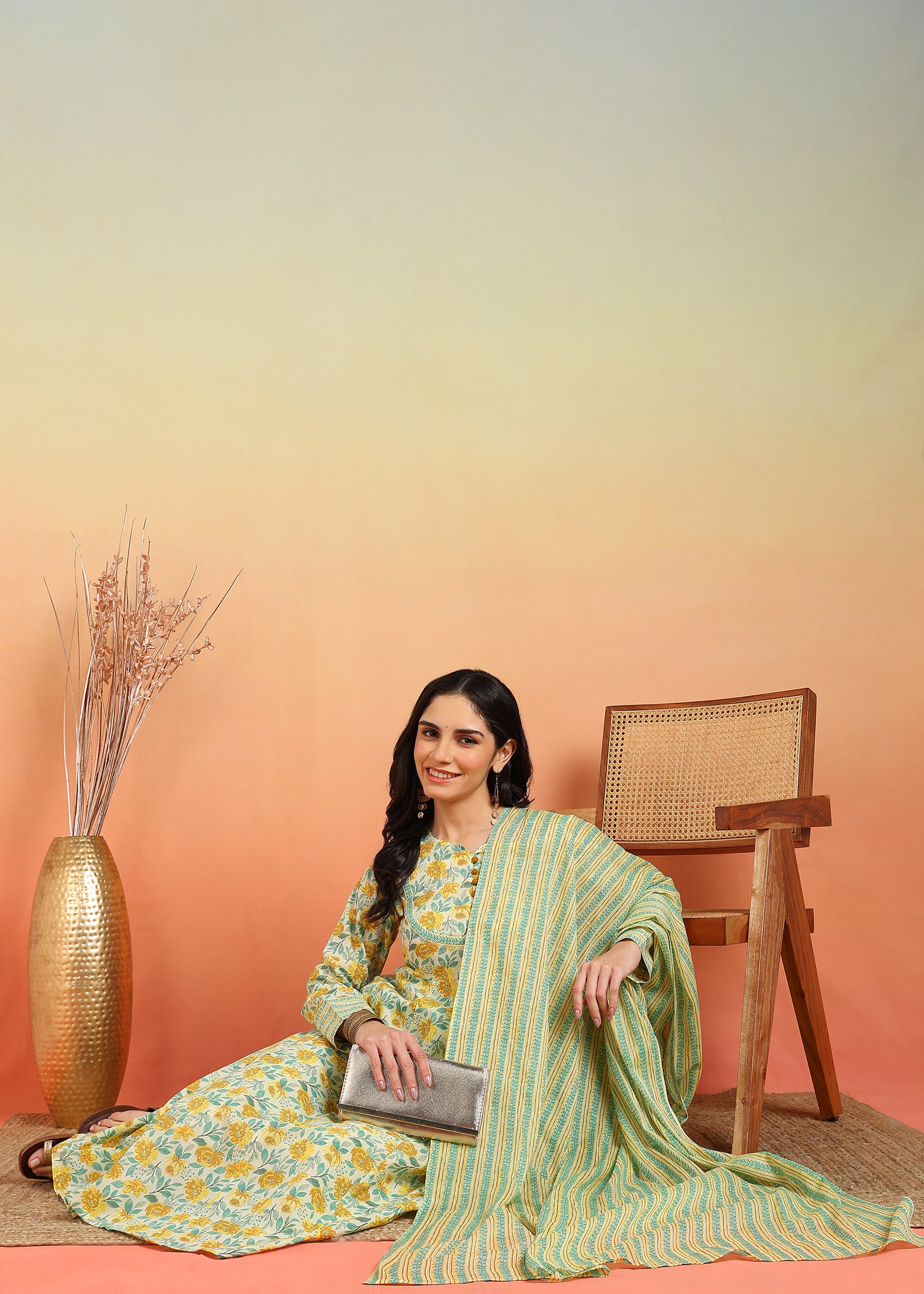 yash gallery womens cotton ankle length notch neck full sleeves floral print anarkali with pant and dupatta