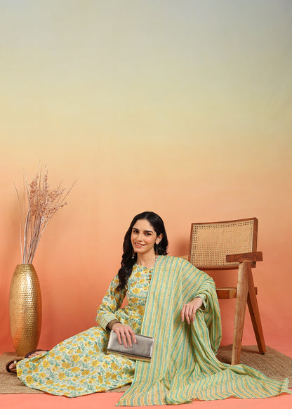 yash gallery womens cotton ankle length notch neck full sleeves floral print anarkali with pant and dupatta