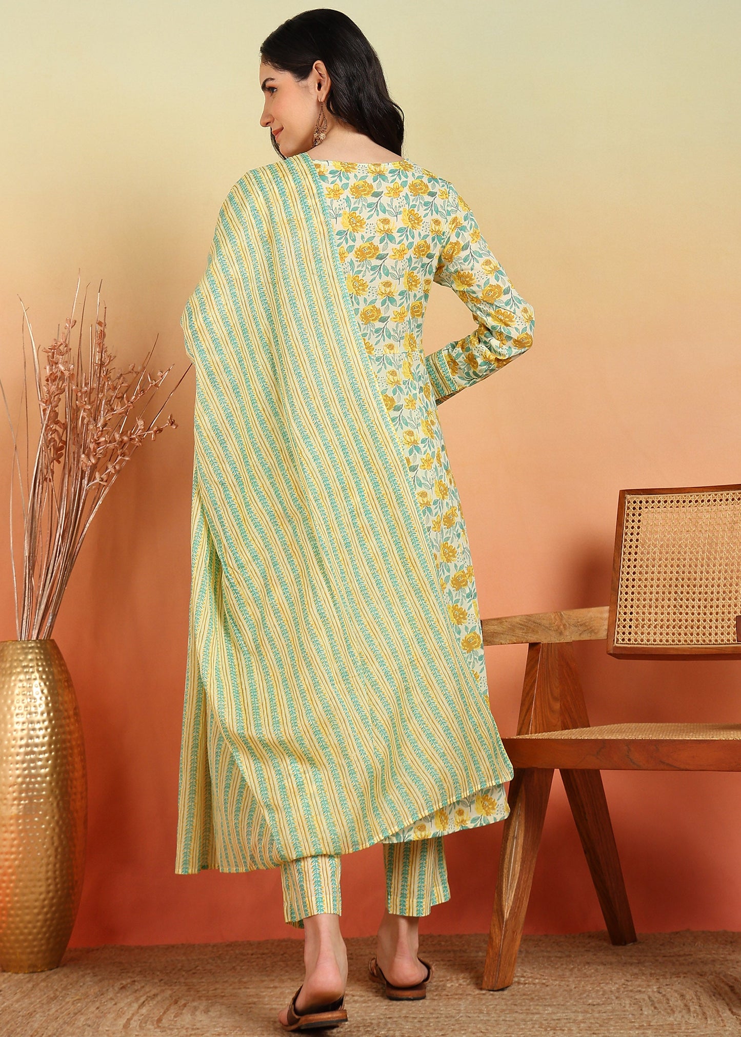 yash gallery womens cotton ankle length notch neck full sleeves floral print anarkali with pant and dupatta